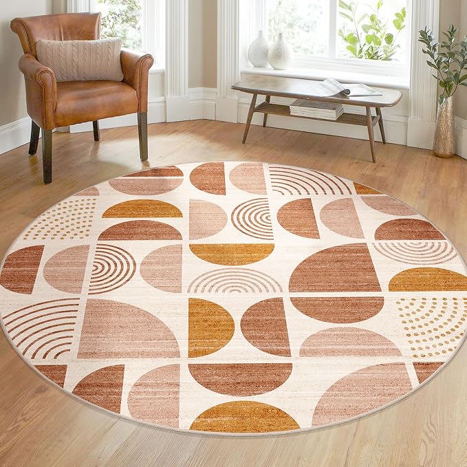 MUJOO Round Rugs 5ft,Circle Area Rug Washable,Circular Rugs for Living Room Dining Room,Boho Non Slip Throw Floor Carpet Modern Abstract Bohemian Orange
