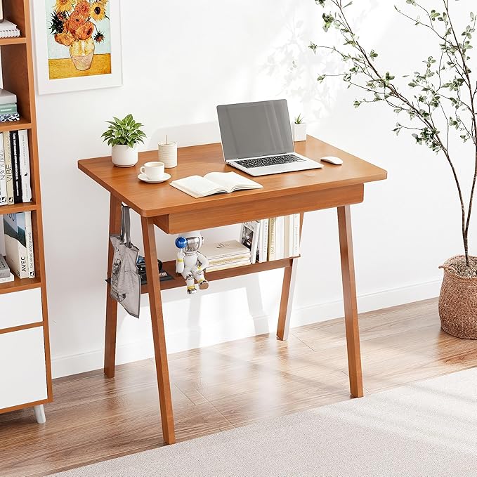 Solid Wood Writing Desk with Drawers - 31.5" Mid Century Modern Desk, Small Computer Home Office Desks for Small Spaces with Storage Shelf, Study Makeup Workstation for Bedroom/Living Room, Walnut