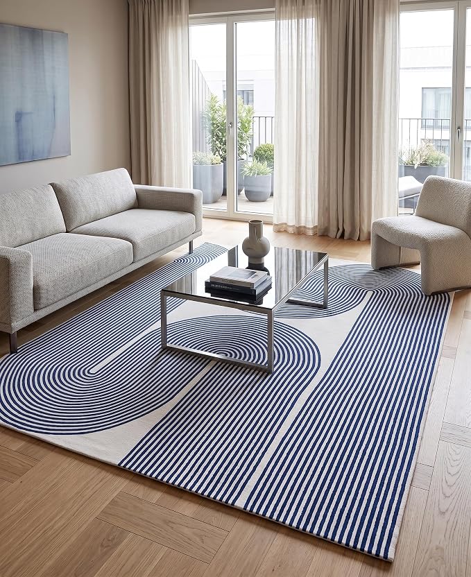 Modern Handmade Wool Area Rug, Abstract Curved Line Geometric Indoor Carpet for Living Room Bedroom, Contemporary Tufted Rug with Soft Pile and Cotton Backing (Royal Blue, 8' x 12')