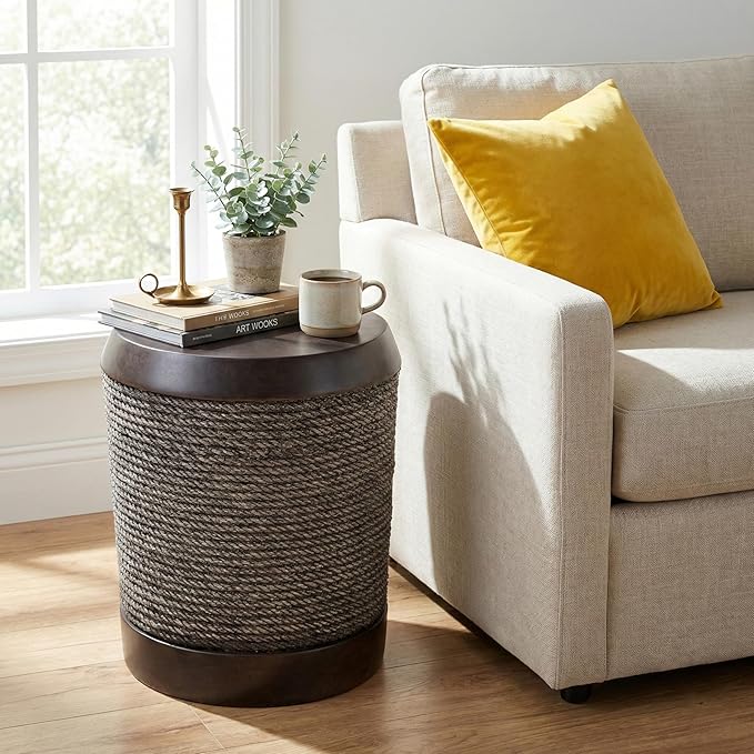 ø15.75'' Faux Concrete Cement Round Side Table End Table, Modern Contemporary Minimalist Retro Style, MGO Material for Indoor & Outdoor, No Assembly, Simulated Braided Cord, Dark Brown