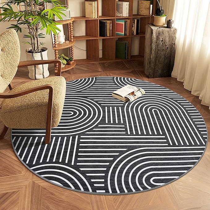 Washable Rug 4ft Area Rugs for Living Room, Abstract Rug for Bedroom, Soft Rainbow Non Slip Throw Rugs with Rubber Back, Low Pile Stain Resistant Boho Geometric Carpet for Dining Room,Black