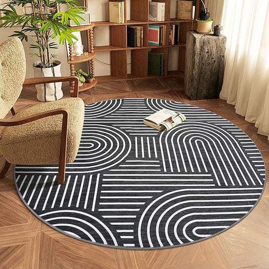 Washable Rug 4ft Area Rugs for Living Room, Abstract Rug for Bedroom, Soft Rainbow Non Slip Throw Rugs with Rubber Back, Low Pile Stain Resistant Boho Geometric Carpet for Dining Room,Black