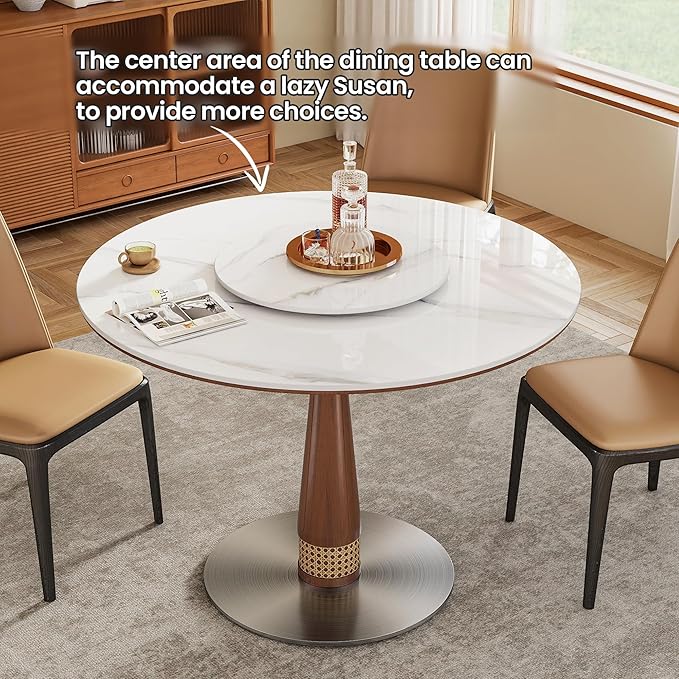 39” Round Dining Table with Solid Wood Base, White Sintered Stone Tabletop, Scratch and Heat Resistant, Modern Marble Table for Kitchen, Dining Room (White 39.37"+19.69" Lazy Susan)
