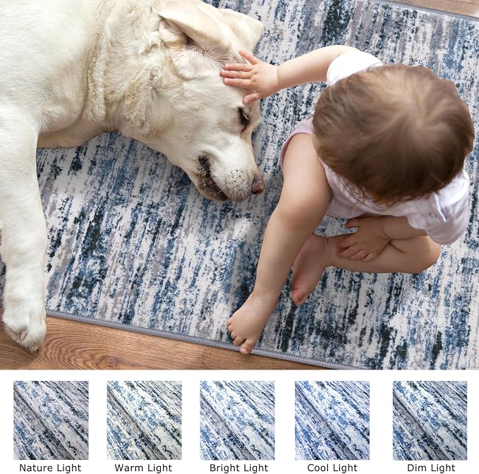 Lansny Modern Abstract Runner Rug 2.6x12, Grey Blue White Washable Long Kitchen Runner Non-Slip Soft Hallway Rug Runner Thin Print Faux Wool Carpet for Entryway Bedroom Laundry Room Indoor Home Decor