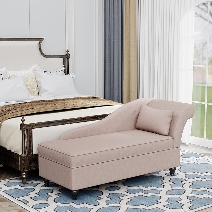 Indoor Storage Chaise Lounge Upholstered Fabric Lounge Chair Living Room Bedroom Corner Small Chaise Sofa Recliner with Wood Legs (Right Arm) Tan