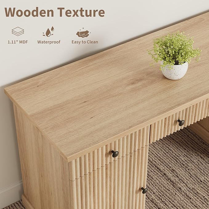 Garvee 60" Office Desk with Storage & Drawers. Fluted Wood Computer Desk with Power Outlet & Adjustable Shelves.Modern Executive Desk for Home Office/Bedroom/Gaming-Burlywood