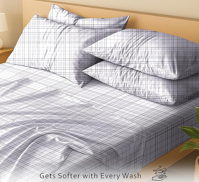 RUVANTI 100% Cotton Percale Sheets King Size 6 Piece Set, Cooling Bed Sheets for Hot Sleepers, Deep Pocket 16”, Breathable Lightweight & Durable, Crisp Hotel Style Sheets, Open Check