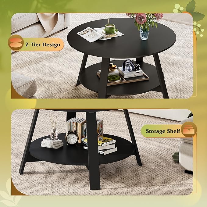 WLIVE Round Coffee Table, 2-Tier Wood Coffee Table with Storage Shelf, Tapered Legs, Circle Wood Small Center Table for Living Room, Apartment, Easy Assembly, Black