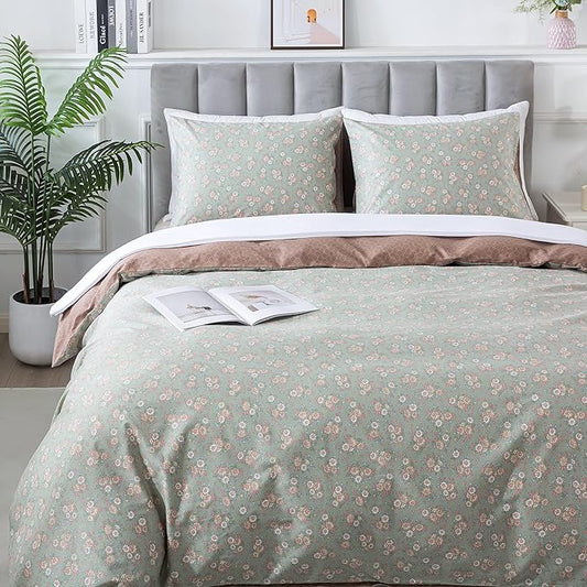 HoneiLife Wildflower Duvet Cover King - 100% Cotton Comforter Cover Sets, Floral Duvet Cover Sets, Botanical Bedlinen Set with Zipper Closure & Corner Ties