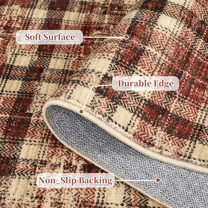 Tartan Plaid Round Rugs 5Ft Washable Area Rug for Playroom, Kids Non-Slip Neutral Classic Circle Rug Modern Large Carpet Soft Boys Rug for Classroom Dorm Bedroom, Red
