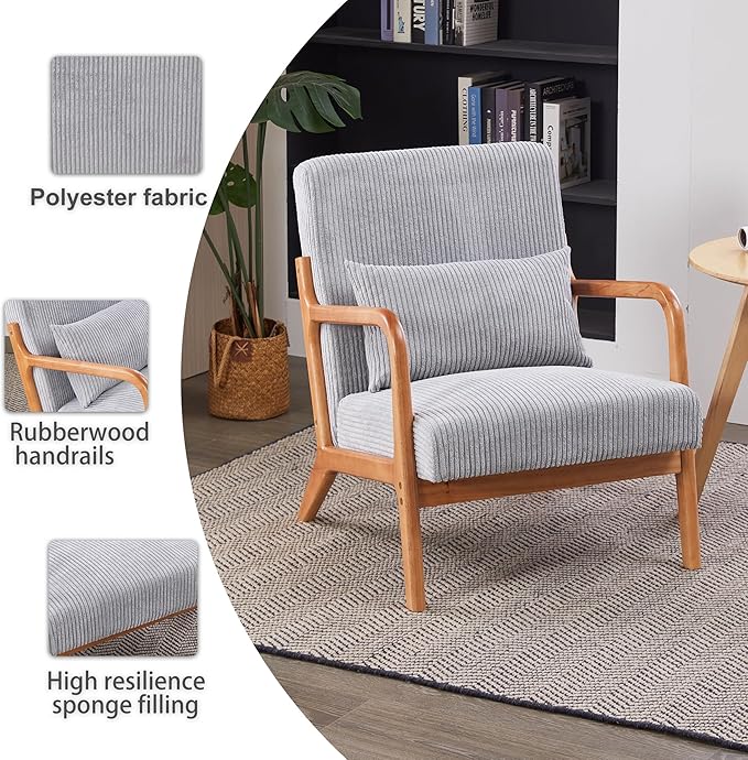 Accent Chairs, Mid-Century Modern Chair with Pillow, Armchair with Solid Wood, Reading Relaxing Leisure Chair for Living Room (Light Grey)