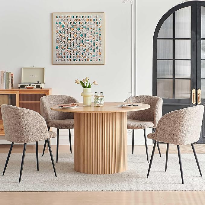 5 Piece Modern Round Dining Table and 4 Brown Barrel Kitchen Chairs Set, 47" Kitchen Coffee Table Wooden with Oak Veneer Tabletop, Faux Fur Sherpa Round Dining Chairs Table Set, Metal Frame