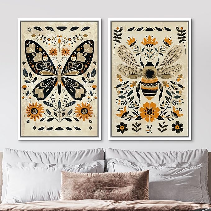 MUDECOR Framed Canvas Print Wall Art Set Butterfly Animals Botanical Bee llustrations Modern Art Decorative Bohemian Calm/Zen for Living Room, Bedroom, Office - 24"x36"x2 White