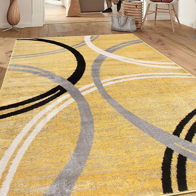 Rugshop Wavy Circles Design Area Rug, Carpet with Jute Backing for Living Room, Bedroom, or Dining Room, Yellow, 5'3" x 7'3"