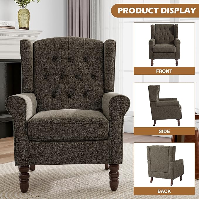 Pia Ricco Mid-Century Modern 2-Piece Wingback Chair Set - Plush Upholstered Accent Chairs with Solid Wood Legs, High Back Lounge Seating for Living Room, Bedroom & Office - Retro Matched Pair (Taupe)