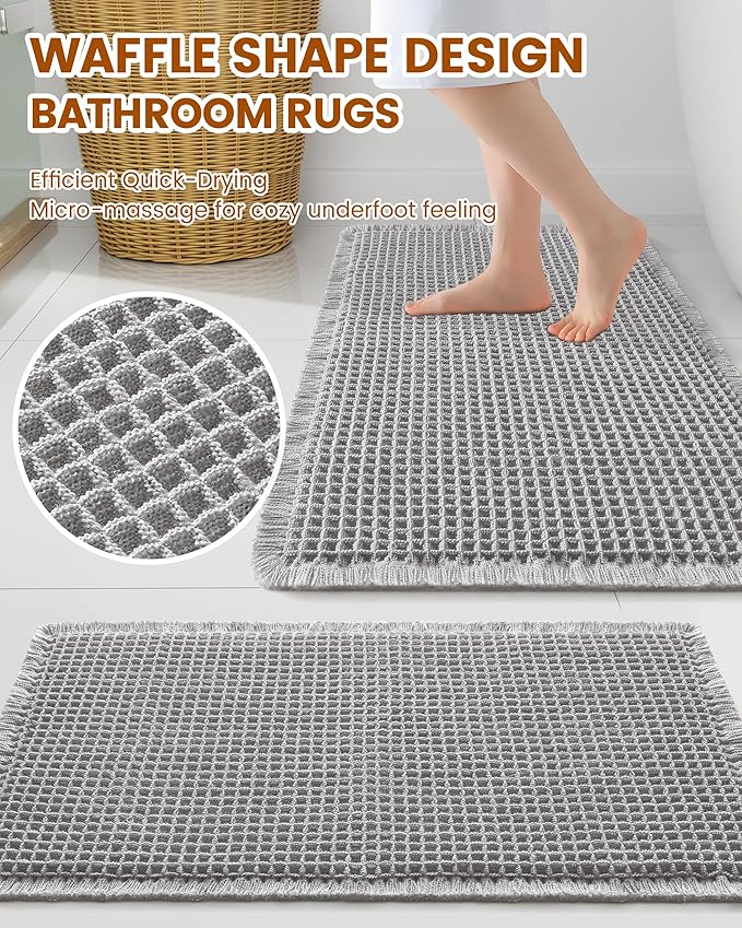 Smiry Waffle Bath Mat 30x20, Extra Soft Absorbent Bathroom Rugs, Non Slip Machine Washable Quick Dry Bath Rugs for Bathroom Floor, Tub, Shower, Home Decor Accessories, Light Grey