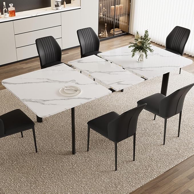 Extendable Dining Table Set for 6-8 People, 63 to 78.7 Inch MDF Kitchen Table with 6 Upholstered Chairs, Space-Saving for Dining Room, Breakfast Nook(White Table & 6 Black Chairs)