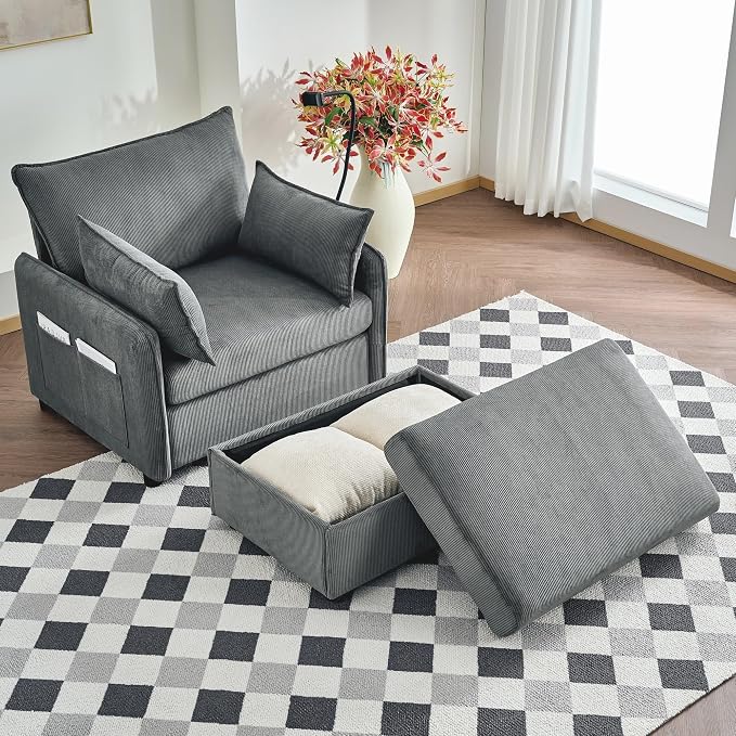 55" Modern Accent Chair with USB Ports, Storage Ottoman & Adjustable Holder, Corduroy Chaise Lounge for Reading in Apartment Living Room (Grey)