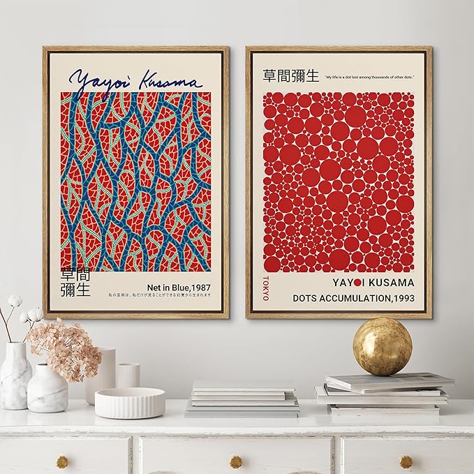 MUDECOR Framed Canvas Print Wall Art Blue Red Dots by Yayoi Kusama Japanese Nature Illustration Modern Art Decorative Multicolor Geometric Minimal for Bedroom - 16"x24"x2 Natural