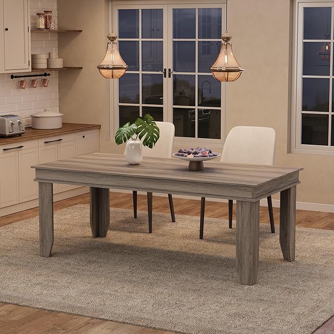 GarveeHome Farmhouse Dining Table for 6-8 People, 71 in Long Kitchen Tables with Wooden Sturdy Frame, 6 ft Large Rectangular Dinner Table for Dining Room, Kitchen, Grey Walnut, 71" Non-extendable