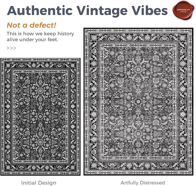 OPPODREAM Vintage Black Area Rugs 8x10, 8 x 10 Retro Washable Rug Non Slip, Low-Pile Faux Wool Carpet, Distressed Floor Mat for Living Room, Bedroom, Office, Dorm, Dinning Room, Big & Large