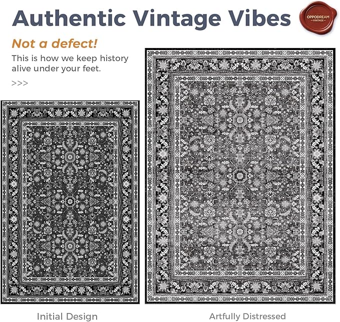 OPPODREAM Vintage Black Round Rug 8ft, 8 ft Retro Washable Circle Rug Non Slip, Low-Pile Faux Wool Circular Carpet, Distressed Floor Mat for Living Room, Bedroom, Office, Dorm, Dinning Room