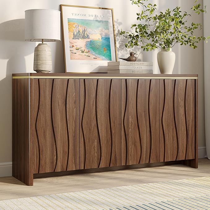 Vabches Fluted Buffet Cabinet with Storage, 3D Ripple Pattern Doors and Curved Edges, Modern Sideboard for Kitchen, Entryway, 4 Doors & Adjustable Shelf, Walnut Wood, 57.9" W