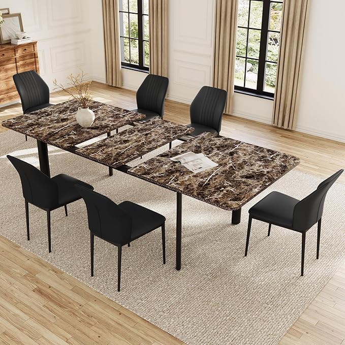 Extendable Dining Table Set for 6-8 People, 63 to 78.7 Inch MDF Kitchen Table with 6 Upholstered Chairs, Space-Saving for Dining Room, Breakfast Nook (Brown Table & 6 Black Chairs)