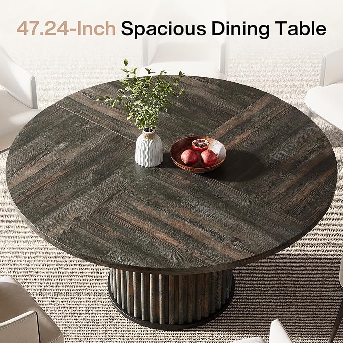 Tribesigns 47.24-Inch Round Dining Table for 4-6 People, Modern Fluted MDF + Metal Base Kitchen Table, Sturdy Circle Dining Room Furniture, Black Brown