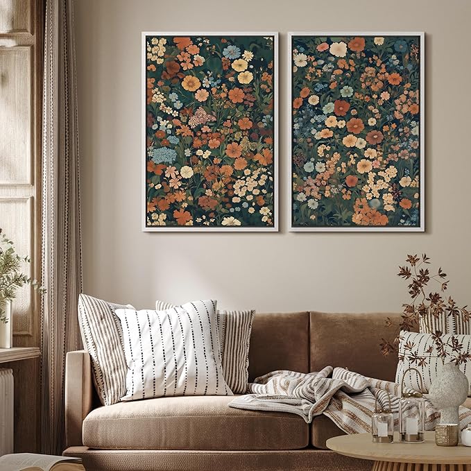 MUDECOR Framed Canvas Print Wall Art Vintage Floral Botanical Colorful Wildflowers Illustrations Modern Art Decorative Bohemian Colorful for Living Room, Bedroom, Office - 24"x36"x2 White