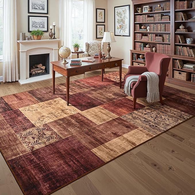 Tepook Modern Area Rugs for Living Room, 9x12 Washable Large Rug for Bedroom, Geometric Patchwork Rugs Indoor Non-Slip Throw Carpets for Dining Room Office Farmhouse Home Decor, Red