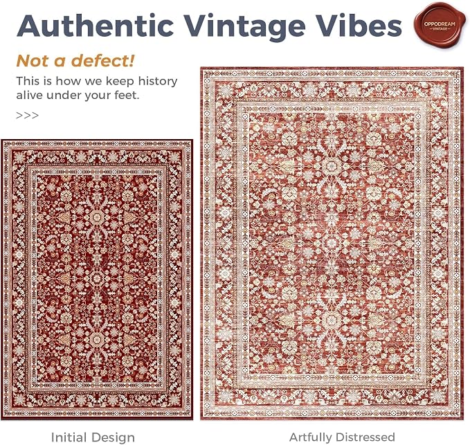 OPPODREAM Vintage Red Round Rug 3ft, 3 ft Retro Washable Circle Rug Non Slip, Low-Pile Faux Wool Circular Carpet, Distressed Floor Mat for Living Room, Bedroom, Office, Dorm, Dinning Room
