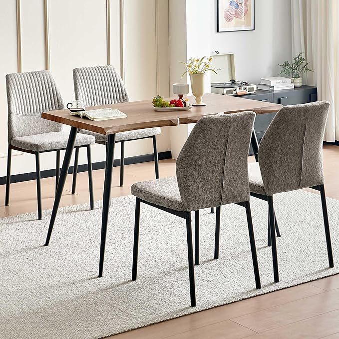 Dining Table Set for 4, Modern Wood Irregular Rectangle Dining Table, Linen Fabric Dining Chairs 4,Table and Chairs Set of 4 for Kitchen Dining Room, Light Brown