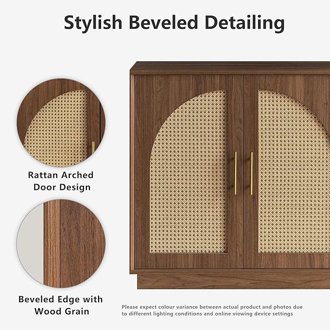 FORTUNETEC Sideboard Buffet Cabinet with Storage, 31.5" Modern Accent Cabinet with Rattan Arched Doors, Modular Media Console, Boho Credenza for Living Room Kitchen Dining Room Entryway, Walnut