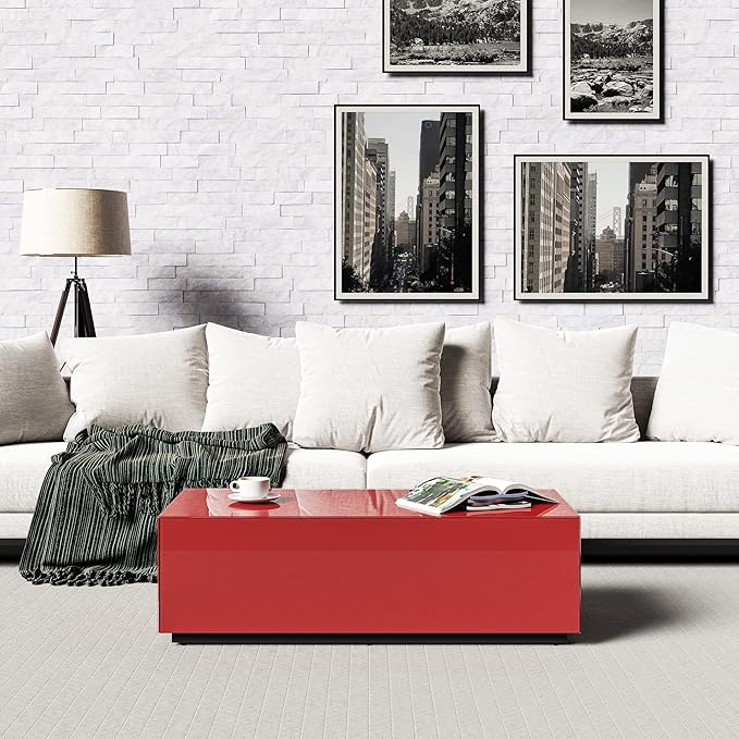 SONOROUS Premium Tempered Glass Coffee Table - Modern Red Rectangular Coffee Tables for Living Room - High Gloss Fingerprint Resistant Mid Century Design - Stylish Living Room Furniture & Décor