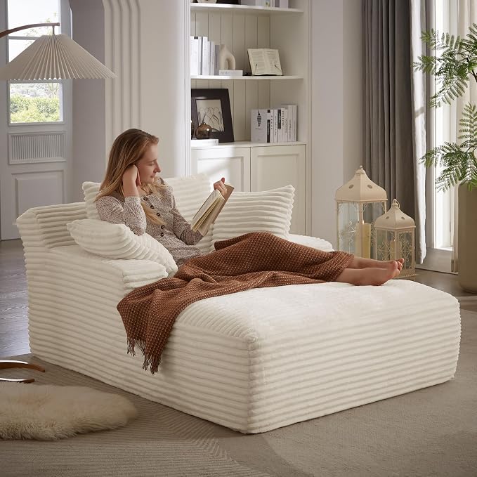 50" Chaise Lounge Indoor, Corduroy Lazy Sofa Bed Sleeper Chair with 3 Pillows & Spring Cushion, Oversized Boneless Chair for Living Room Apartment, Beige