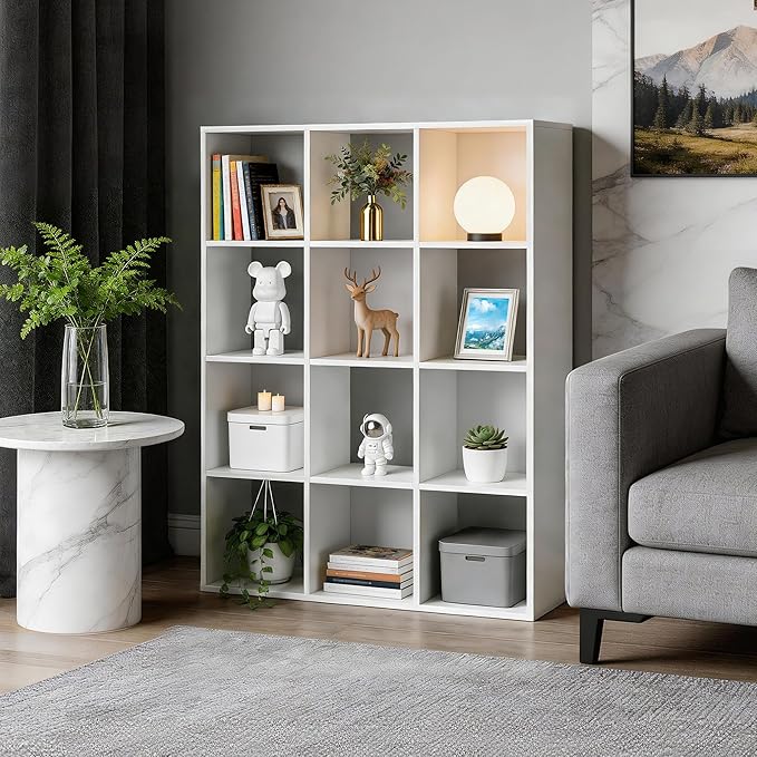 SUPER DEAL 12-Compartment Open Shelf Bookcase, 47 inch Wide Cube Storage Cabinet Wood Cubical Bookshelves Display Unit with 6 Removable Back Panels for Living Room Bedroom, White