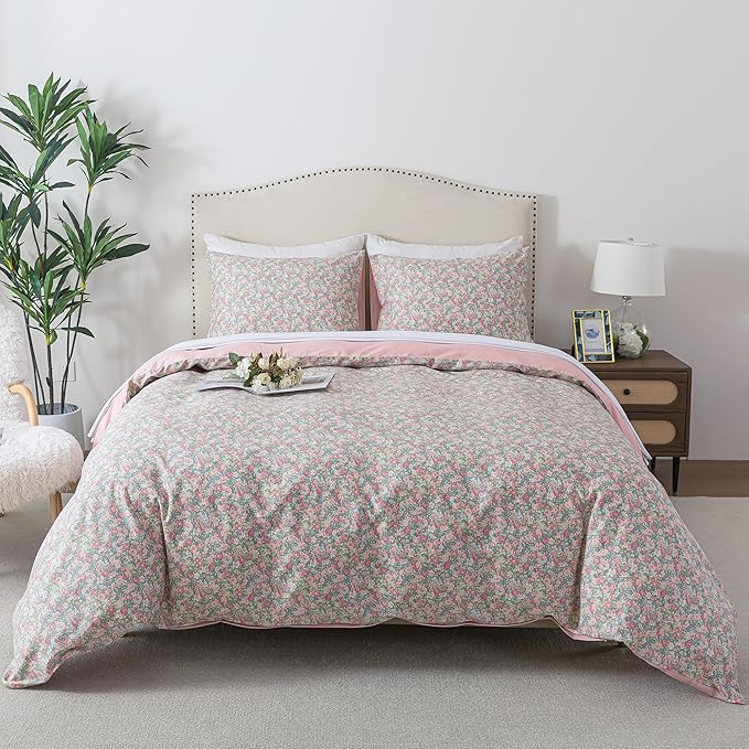HoneiLife Floral Duvet Cover King - 100% Cotton Comforter Cover, Soft & Breathable Bedding Duvet Cover Sets with Zipper Closure & Corner Ties,3-Piece Wildflower Comforter Cover Sets, Rose