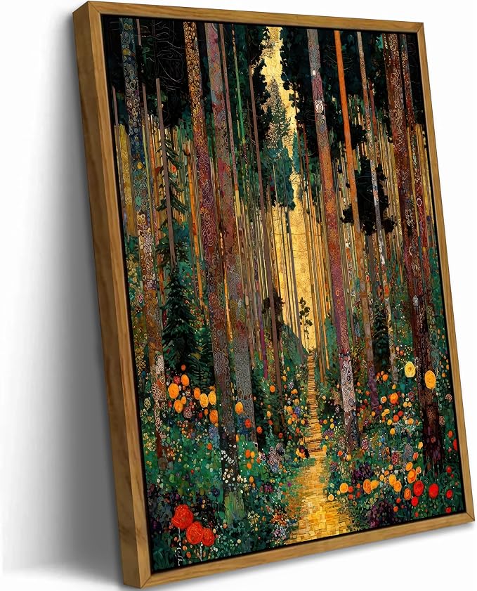 Floating Framed Gustav Klimt Forest Path Canvas Wall Art, Boho Floral Trees Print Poster, Colorful Abstract Nature Wall Decor Picture, for Modern Living Room and Bedroom Home Decoration, 12x16in
