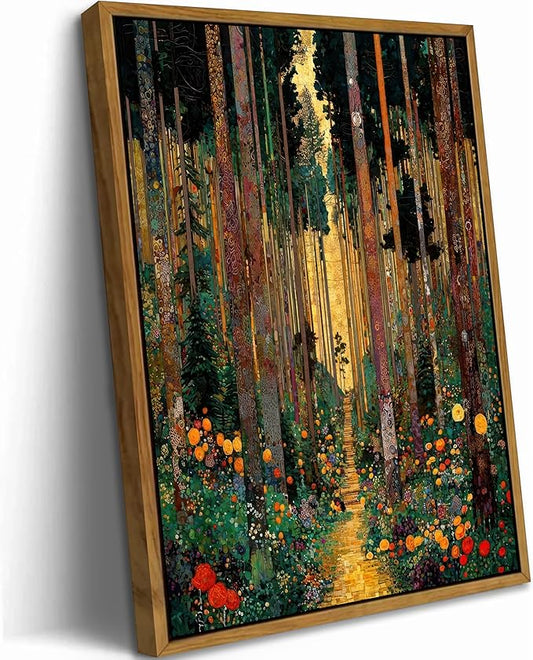 Floating Framed Gustav Klimt Forest Path Canvas Wall Art, Boho Floral Trees Print Poster, Colorful Abstract Nature Wall Decor Picture, for Modern Living Room and Bedroom Home Decoration, 8x10in