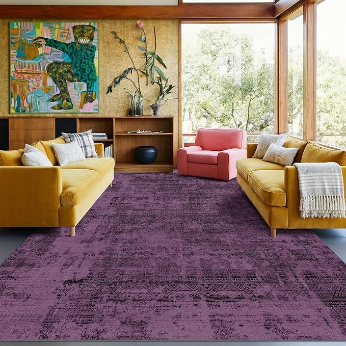 Kokia Abstract 9x12 Area Rugs Living Room Washable Low Pile Non-Slip Indoor Decor Purple Carpet Foldable Stain Resistant Ombre Rugs Bedroom Dining Room, Oslo Plum