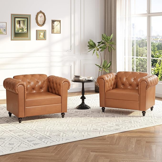 Brown Faux Leather Accent Chairs, Button-Tufted Upholstered Club Chair Retro Armchairs, Mid Century Modern Accent Chair with Solid Wood Legs, Cozy Chesterfield Couch Chairs for Living Room, Bedroom