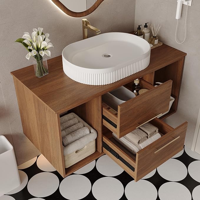Glintee 40" Modern Floating Bathroom Vanity with Ceramic Basin– Wall-Mounted Solid Wood Cabinet with 2 Drawers & Dual Open Shelves, Easy Assembly (Walnut)