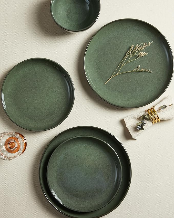 Stoneware Dinnerware Sets, Ceramic Plates and Bowls Set, Microwave & Dishwasher Safe Kitchen Dishes, Modern Dinner Salad Plates | Cereal Bowls, Dishware Sets Service for 4 Forest Green