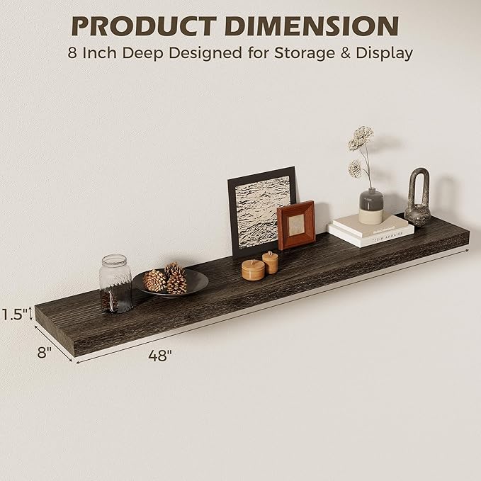 48 Inch Floating Shelves for Wall, 8"D High End Solid Hardwood Shelves for Decor Storage, Rustic Wall Shelves with Invisible Heavy Duty Brackets for Living Room, Kitchen, Bathroom, Walnut, 1 Pack