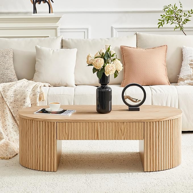 Oval Coffee Table, 47.5" Coffee Table with Storage, Fluted Accent Center Table with Textured Roman Column Patterns, Mid Century Modern Coffee Tables for Living Room, Office, Apartment, Natural