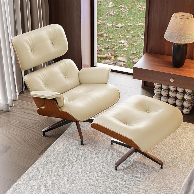 Top Cream White Grain Leather, Mid Century Chaise Lounge Chair and Ottoman, Modern Chair Classic Design, Walnut Wood, Heavy Duty Base Support for Living Room Office