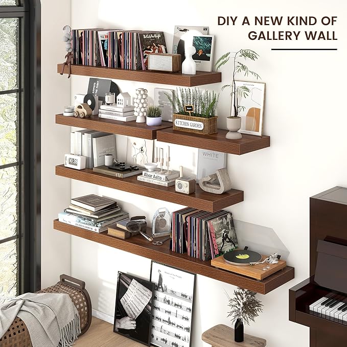 Floating Shelves for Wall, Engineered Wood Wall Shelves with Invisible Brackets for Living Room Bedroom Bathroom Office Kitchen Decor and Storage (Walnut, 24" W x 9" D x 1.5" H) Set of 2