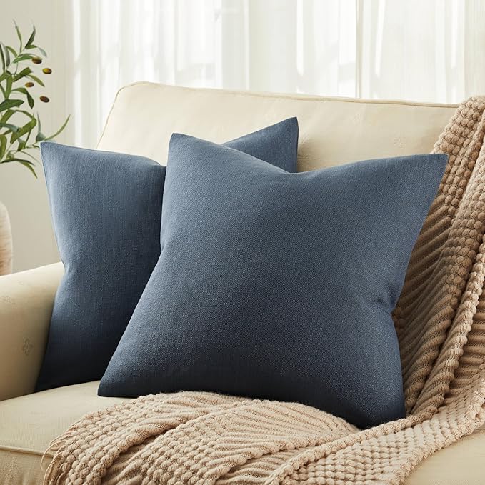 ZeeMart Rustic Cotton Linen Throw Pillow Covers Set of 2, 16x16 Inch Navy, Farmhouse Style Decorative Couch Pillow Cases Cushion Covers for Sofa Bed Living Room Home Decor
