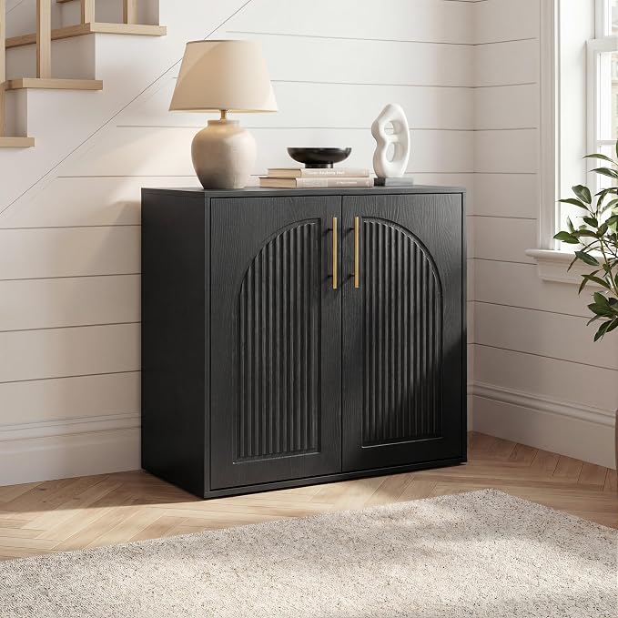 Fluted Sideboard Buffet Cabinet with Storage, Arched Doors & Adjustable Shelves, Modern Accent Credenza, Anti-Tip Console Cabinet for Living Room, Entryway, Hallway & Kitchen, Black